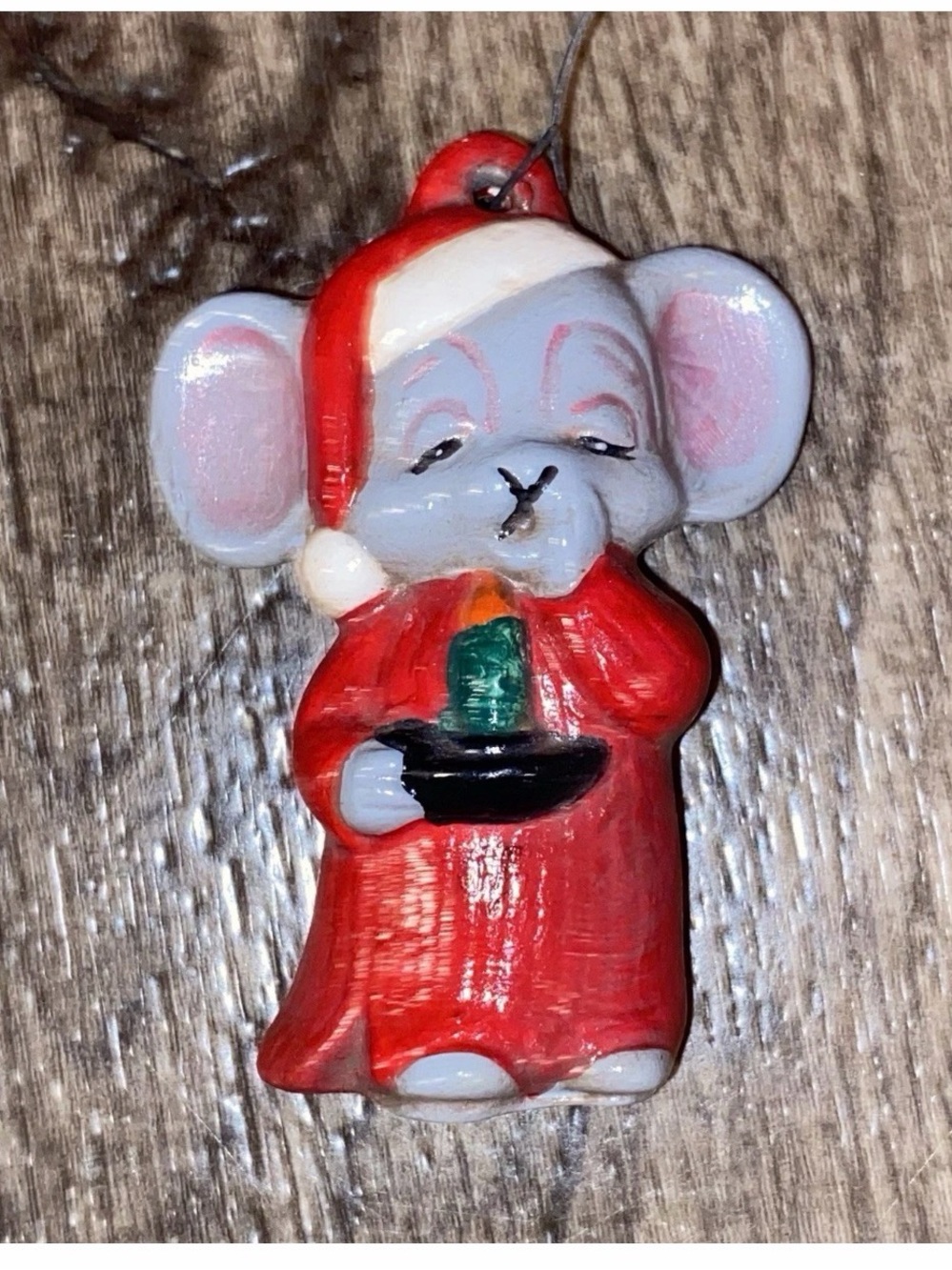 Hand Painted Christmas Mouse in Red Pajamas w/Candlestick Ceramic Ornament